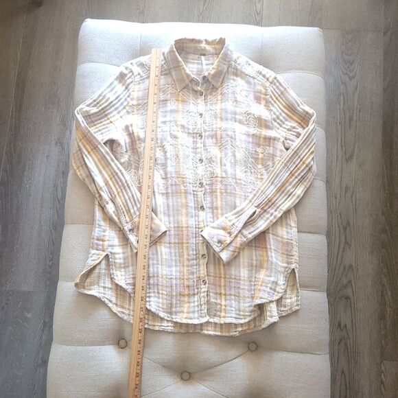 Free People Magical Plaid Embroidered Button Long Sleeve Top Gray & Orange Small - Picture 12 of 12